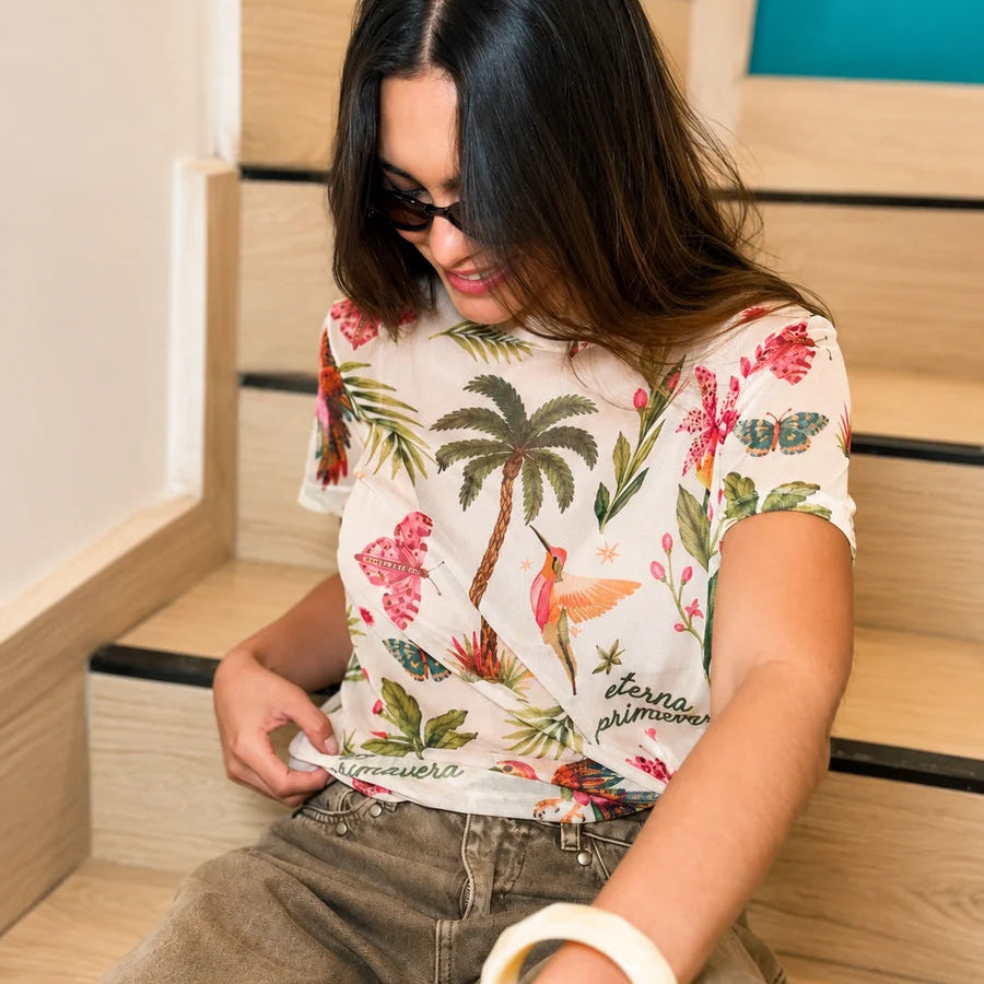 CAMISETA MALLA FLORECE CRUDO